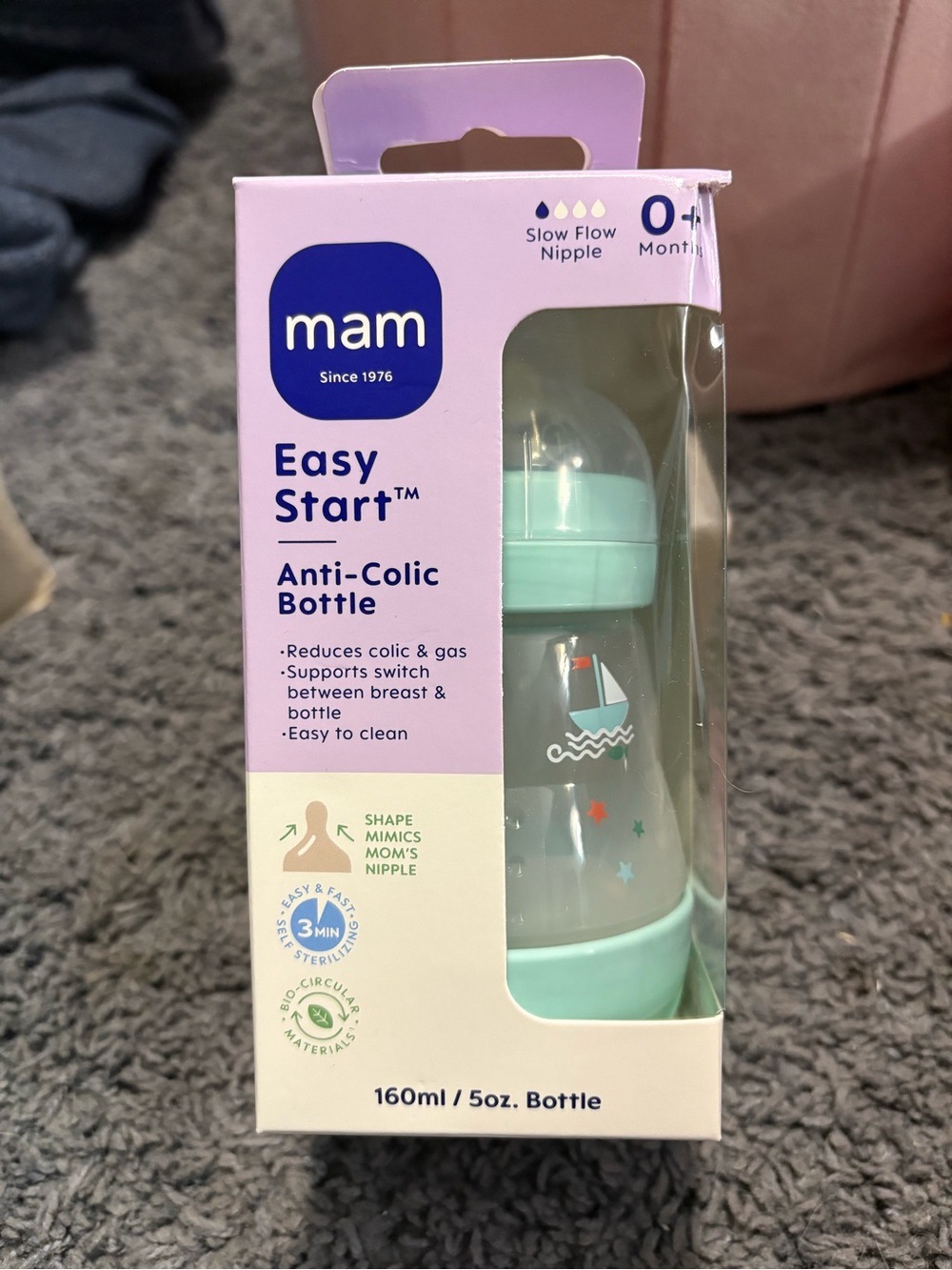 NWT Mam Blue Easy Start Anti-Colic Bottle - Slow Glow Nipple - 0+ months